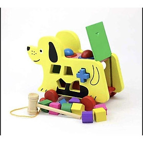 Đồ chơi xe kéo con chó đập bóng gỗ thả hình khối đa chức năng, đồ chơi đập bóng thả khối thông minh giáo dục cho bé