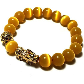 Vòng tay phong thủy đá mắt mèo màu vàng kèm cham tì hiu bạc mạ vàng 24k cao cấp cho người mệnh kim - mệnh thổ - VPT32A- Bạc QTJ (vàng)