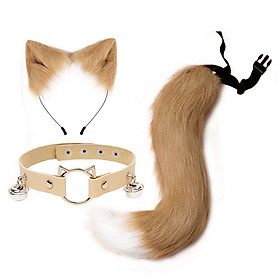 Ears and Long Tail Set Faux Plush Hair Hoop for Halloween Christmas Carnival