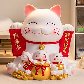 Ống tiết kiệm mèo trắng Lucky Cat thần tài và túi vàng trang trí quà tặng- art house