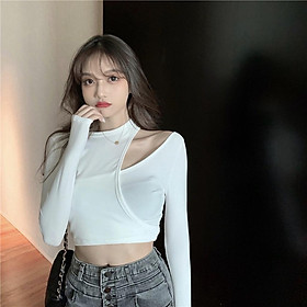 Áo croptop nữ body dài tay HAGA hở vai cổ tròn phối lồng thân ALTD11