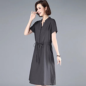 Đầm Linen nữ dáng suông rút eo, Váy linen nữ công sở thiết kế cổ tàu ngắn tay thời trang nữ Haint Boutique