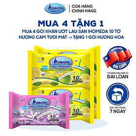 Combo 4 + 1 Gói Khăn ướt lau sàn kháng khuẩn tiện dụng IHomeDa - Hương Cam chanh Kháng Khuẩn - Hương Hoa Thơm Ngát ( 10 miếng ) - Combo 4 + 1  iHomeda anti bacteria floor and kitchen wet wipes - Orange Lime Scent ( 10 sheets per package) - Bộ 4 gói hương 