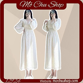 ĐẦM MIDI VOAN NỔI CỔ V ĐÍNH HẠT TAY DÀI 12924