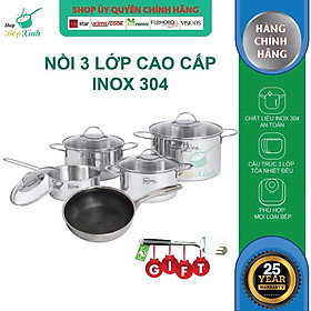 Bộ nồi chảo chống dính sâu lòng tổ ong 3 lớp đáy liền inox 304 Fivestar Plus quai oval nắp kính , tặng 1 sạn inox