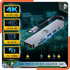Hub Chuyển Đổi USB Type C HT SYS 6in1 To HDMI, USB 3.0, SD, TF, PD 100W - Hàng Chính Hãng