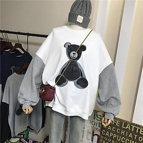50000 Áo Sweater Nỉ Hàn Quốc Nam Nữ Họa Tiết Gấu Tay Phối 2 Màu Dáng Rộng Cực Xinh