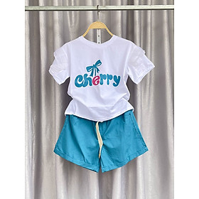 Bộ cộc tay cho bé gái size đại 6-12 tuổi in chữ Chery quần kaki kèm thắt lưng kiểu dáng thời trang