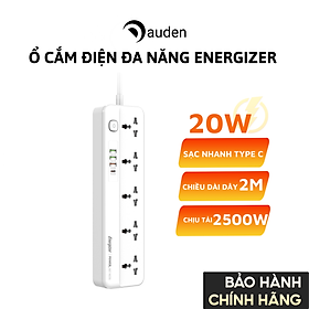 Ổ điện đa năng Energizer 5AC kèm 3USB-A và 1USB-C sạc nhanh PD (max 20W) - White - Chịu tải tối đa 2500W - Hàng chính hãng