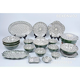 Mua Bộ bát đĩa gốm sứ Bát Tràng cao cấp men lục bảo vẽ bèo dâu BDXĐNV02