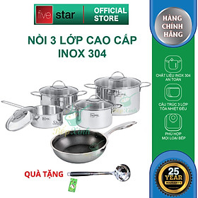 Bộ nồi và chảo sâu lòng Blackcube tổ ong 3 lớp đáy liền inox 304 Fivestar Plus 5 món quai oval nắp kính , tặng 1 vá canh