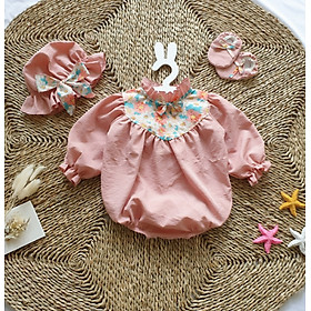 Body mũ hồng bé gái sơ sinh đến 12kg, Bodysuit phối hoa kèm nón và giày siêu cưng [A404]
