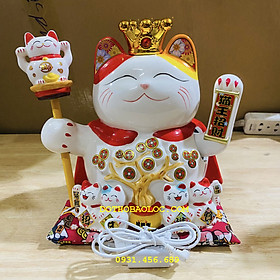 Mèo Thần Tài đội vương miệng bằng sứ mang lại may mắn tài lộc cho gia chủ cao 23cm