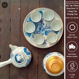 Mua Bộ Ấm Chén Trà Đạo Gốm Trắng Men Lam Bát Tràng Hoa Sen Vẽ Vàng Dáng Đường Vũ Dung Tích 320ml (Bộ Ấm Chén) ATA 26