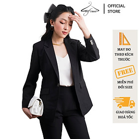 Đồng phục công sở áo vest nữ màu đỏ phối cổ viền đen