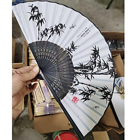 Quạt cổ trang trúc trắng thư pháp vải lụa xếp cầm tay quà tặng Trung Quốc xinh xắn tặng ảnh Vcone