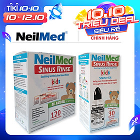 Combo Baby SinusCare: Bộ Rửa, Vệ Sinh Mũi Xoang Trẻ Em NeilMed Sinus Rinse Kids - SX Mỹ(1 Bình + 30 gói muối và 1 Hộp 120 gói muối rửa bổ sung)