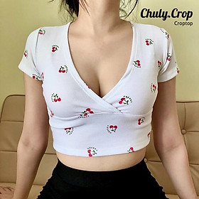 Áo croptop cổ chữ V xẻ ngực sexy, tôn dángkèm họa tiết hoa nhí