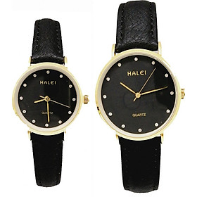 Cặp Đồng Hồ Nam Nữ Halei HL542 Dây da full đen (Tặng pin Nhật sẵn trong đồng hồ + Móc Khóa gỗ Đồng hồ 888 y hình + hộp chính hãng)