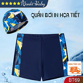 Quần bơi bé trai kèm mũ loại đẹp, họa tiết thời trang cá tính, chất thun bơi lạnh co giãn mịn, lót cotton thoáng khí, mềm mại | BT69
