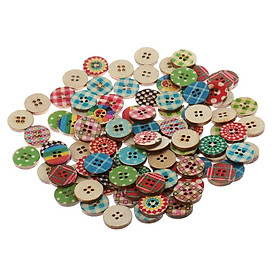 100 Pieces 15mm Colorful Mixed Pattern Round 2 Holes Wood Buttons for DIY Sewing