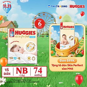 Tã/bỉm dán sơ sinh Huggies Skin Perfect NB 70+4 miếng với 2 vùng thấm giảm kích ứng da