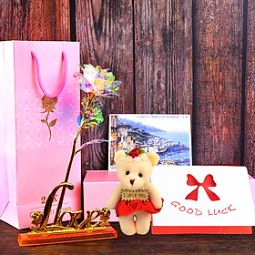 Quà Valentine, Quà 8/3 Tặng Vợ, Quà Sinh Nhật Ý Nghĩa Tặng Bạn Gái - Hoa Hồng Galaxy Phát Sáng Golden Rose Có Đèn Led Đế Love Kèm Gấu Bông Nhỏ Và Thiệp Chúc Mừng (New Version)