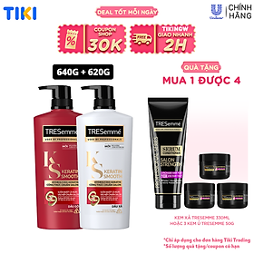 Combo Dầu Gội, Dầu Xả TRESEMME Keratin Smooth Dưỡng tóc khô xơ rối Công thức chuẩn salon Hydrolyzed Keratin trong Dầu Gội và dầu Xả dưỡng Tóc Vào Nếp Suôn Mượt 640g, 620g