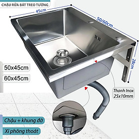 Bộ Chậu Rửa Chén Bát Inox KAZTA Treo Tường Kèm Vòi Lạnh - Ngang 60cm Đủ bộ gồm Chậu, khung treo, xi phông, vòi