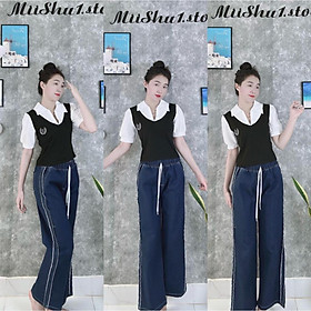 Quần Jean baggy màu xanh trơn dây rút