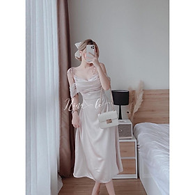 Đầm váy dự tiệc hai dây trễ vai xếp ly ngực màu trắng tinh khôi giúp nàng nổi bật