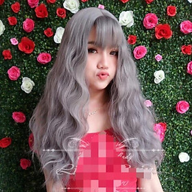 Hình thật-tóc giả nguyên đầu xám khói cao cáp chịu nhiệt