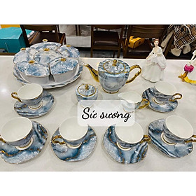Mua Bộ bình trà  cà phê sứ xương màu xanh vân đá kèm bình đường rót sữa viền vàng cao cấp
