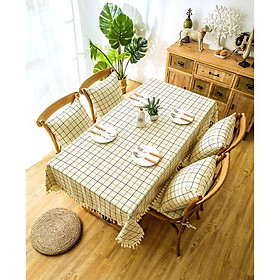 Mua Khăn trải bàn vải canvas ô vuông trắng kem- viền ren xinh xắn - trải bàn nhà hàng - quán ăn - phòng khách - phòng ăn KB29