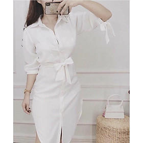 Đầm sơ mi cột eo phi lụa mờ