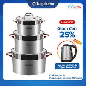 Bộ 3 Nồi Inox 304 Đáy Từ 5 Đáy Nagakawa NAG1352 (16cm, 20cm, 24cm) - Hàng Chính Hãng