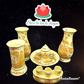Mua Bộ đồ thờ sứ bát tràng men Vàng hoa sen (Mâm bồng  Lọ hoa  ống hương)