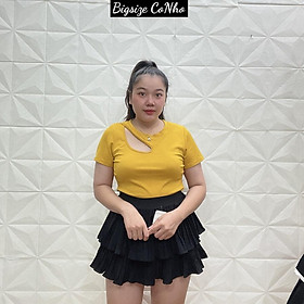 BIGSIZE 58-90KG Áo thun bigsize nữ tay ngắn xẻ giọt nước một bên, Áo nữ oversize dáng dài Chuppy A46 - Màu Vàng