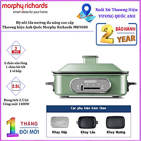 Bộ nồi lẩu nướng đa năng cao cấp Morphy Richards MR9088 công suất 1400W gồm 1 bếp chính, 1 chảo bít tết, 1 chảo sâu lòng (2.5 Lít) và 1 vỉ hấp - Hàng Nhập Khẩu