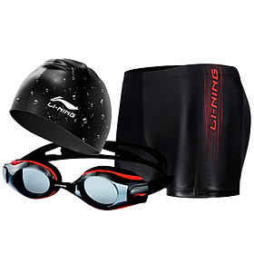 Li Ning LI-NING swimming goggles swimming goggles swimming cap set all-around value swimming equipment fashion atmospheric swimming trunks men swimming goggles swimming cap set LSJK666-2 black XL