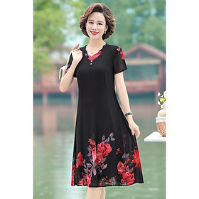 Váy trung niên phối hoa cao cấp V63 - Đầm trung niên dự tiệc sang trọng - Voan cho mẹ