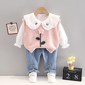 Set 3 món áo sơ mi thêu hoa + áo gile len và quần jean cao cấp cho bé gái