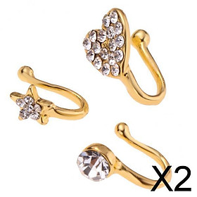 2x3 Pcs Charm Women Flower Heart Pentagram Crystal Metal Nose Ring Gold