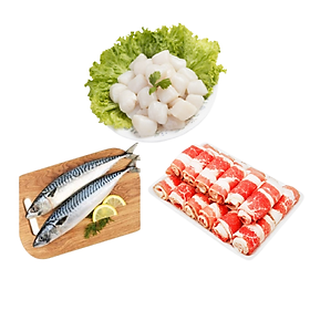 Combo: 500gr cồi sò điệp 60 - 80 + 500gr ba chỉ bò Mỹ cuộn + 1kg cá saba nhật