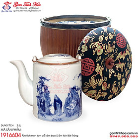 Mua Bộ ấm tích trà xanh 2.5 lít kèm giỏ ủ ấm tích Bát Tràng bọc gấm