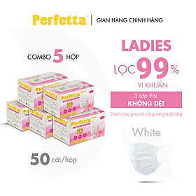 [Combo 5 - PERFETTA LADIES] - Khẩu Trang Dành Cho Phụ Nữ Chất Lượng Cao, Kháng Khuẩn, Chống Bụi Mịn, Màu Trắng, 3 Lớp, Bảo Vệ Tối Ưu - (50 cái/hộp)