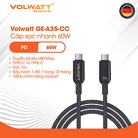 Mua Cáp sạc nhanh 60W Volwatt GE-A35-CC hàng chính hãng | Cáp Type-C to Type-C có LED hiển thị công suất  dây nylon bền bỉ  truyền dữ liệu 480Mbps – BH 12 tháng