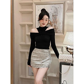 Áo hở vai dài tay chất thun nhúng kim cương_Áo Trễ Vai kiểu