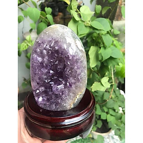 Miếng Đá Thạch Anh Tím Trái Tim Nhỏ đế gỗ Tự Nhiên Kt Cao 12cm N11cm S9cm Anh Chị Đặt Bàn Làm Việc Bàn Thờ Thần Tài May Mắn Thu Hút Tài Lộc ạ