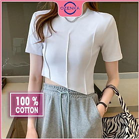 Áo croptop ngắn tay cổ tròn vạt lệch, áo crt nữ ôm body đẹp thun gân 100% cotton màu đen trắng dưới 50 cân